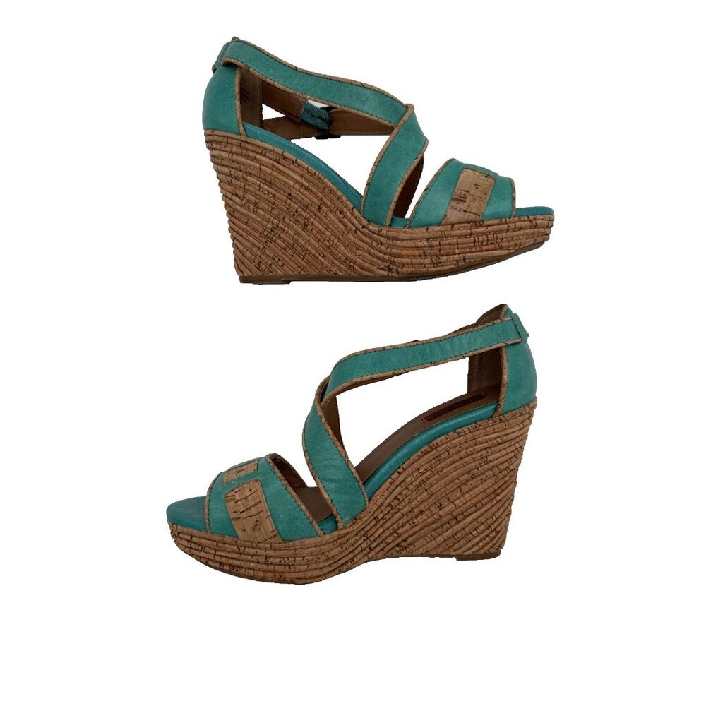 Miz Mooz Kenya‎ Platform Leather Wedge Heel Peep Toe Sandals size 7.5 Cork - Picture 3 of 16
